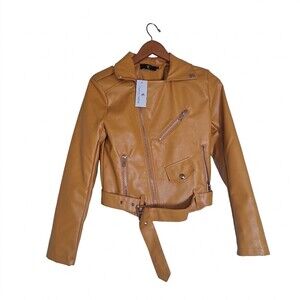 Carmen Mustard Yellow Faux Womens Belted Leather Moto Jacket Size M